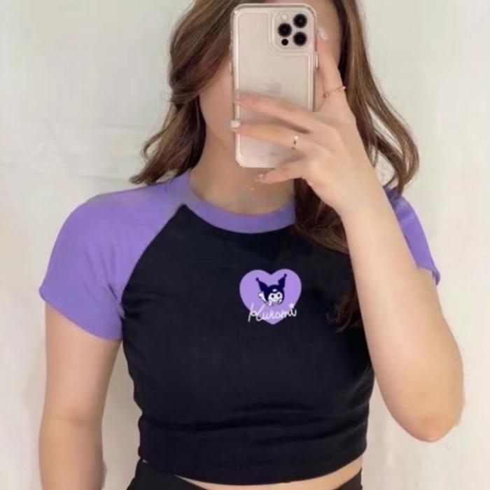 Crop Top Wanita Kuromi Purple RIB Crop Top Atasan pendek - Ungu