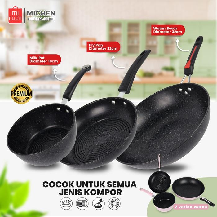 Panci Wajan Set Isi 3pcs Wajan Penggorengan Set Anti Lengket Kitchenware