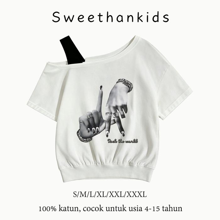 SH.  Kaos Off Shoulder [Motif Tangan Gestur Hitam Putih Gaya Vintage] Anak Perempuan 4-15 Thn Korean