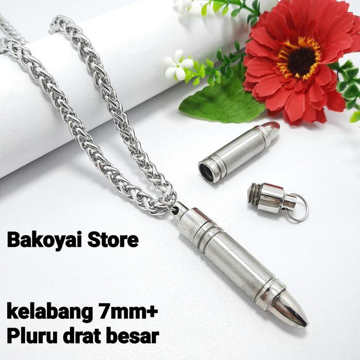BKY_ Kalung Titanium Kelabang 6Mm dan 7Mm Silver Panjang 60 Cm Liontin Peluru Drat Besar