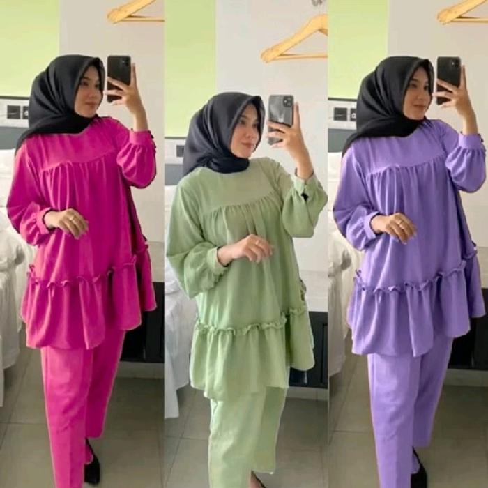 AURELI MEDINA MADINA ONESET SETELAN TUNIK KULOT CRINCLE AIRFLOW RUFFLE LAYER ONE SET KEKINIAN