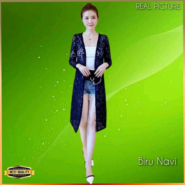 Cardi Outer Brukat Korea Wanita Loxame Cardigan Perempuan Vest Biru Navi