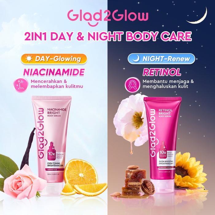 [DAY&NIGHT 2IN1 ]Glad2Glow Retinol/Niacinamide Bright Body Serum Body Lotion 10X Cerah Instant Absor