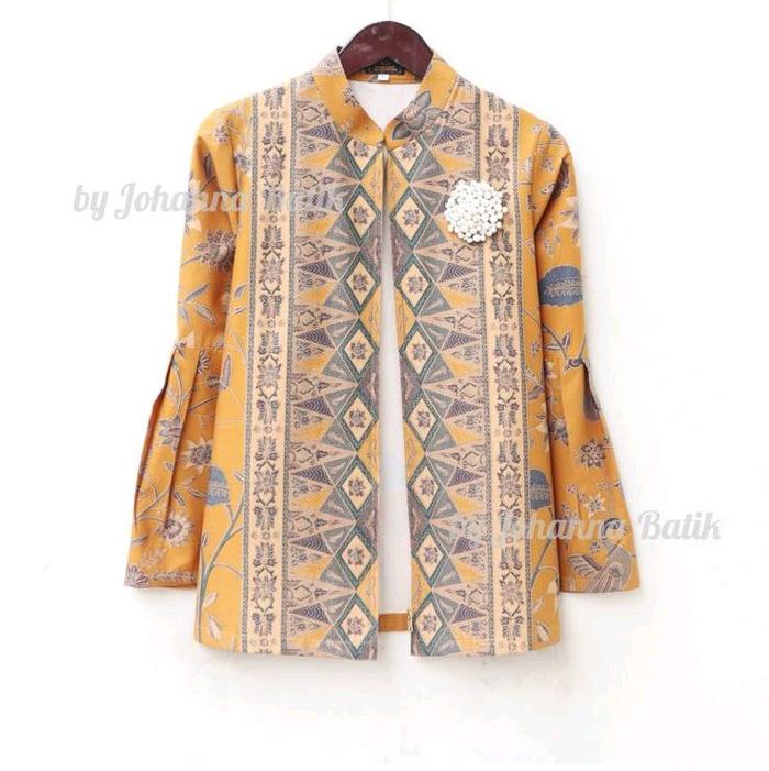 Atasan batik wanita rit ykk terbaru motif vanya kuning lapisan puring tricot