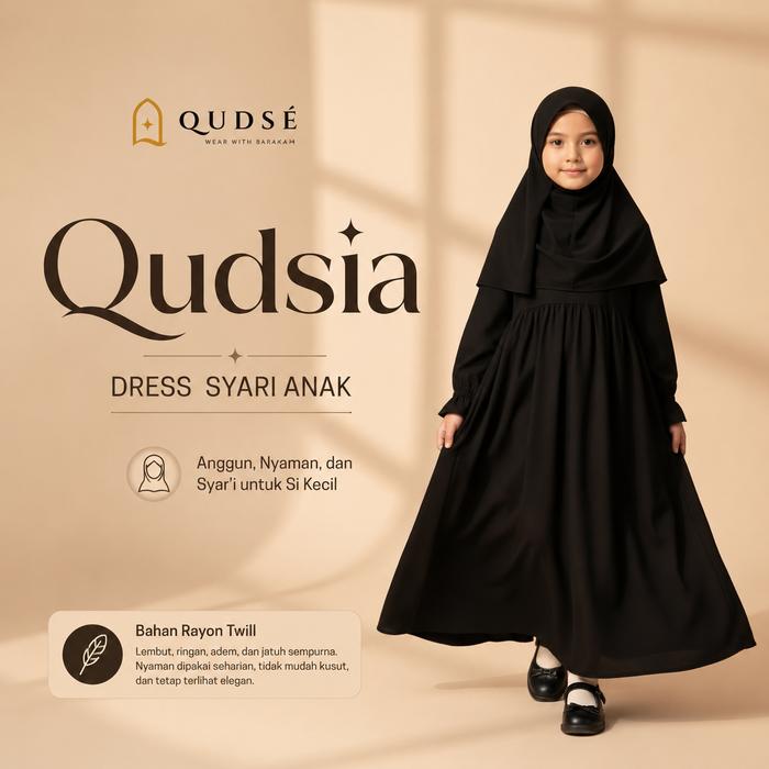 Qudse Gamis Anak Syari Bahan Rayon Twill Black Usia 3 - 12 Tahun Dress Perempuan Qudsia Series