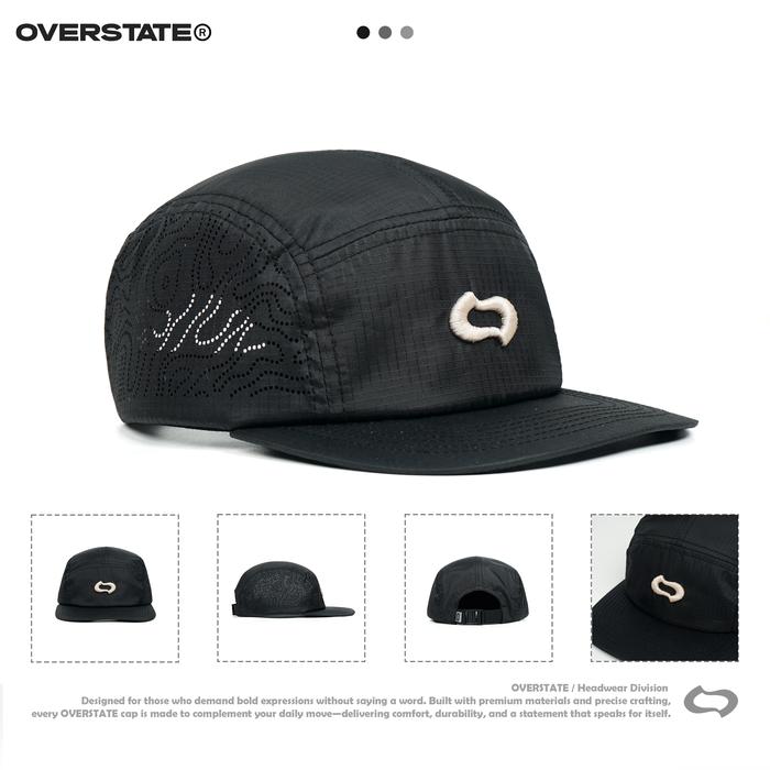 OVERSTATE - Topi Snapback 5 Panel Seri Topografy - Warna Hitam - Bahan Ripstop Water Proff - Hiking