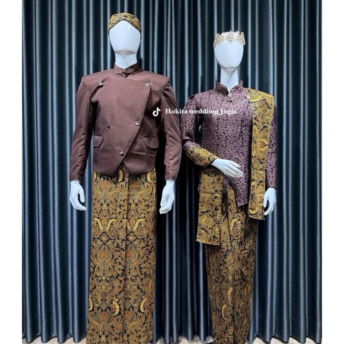 Couple Kebaya Janggan Beskap Solo Polos Satu Set 2 Kain (2fungsi)1 Blangkon 1 Selendang FUKURO Pasan