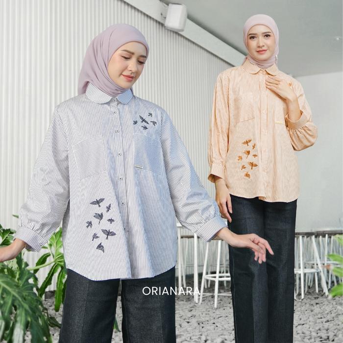 Orianara Kemeja Kasual Oversized Wanita Atasan Tunik Wanita Salur Panjang Bordir Stripe Katun Simple