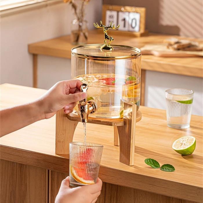 Dispenser Air Kaca / Ketel Air Dingin Kaca dengan Tatakan Kayu / Tempat Minuman Es Jus 2.6L