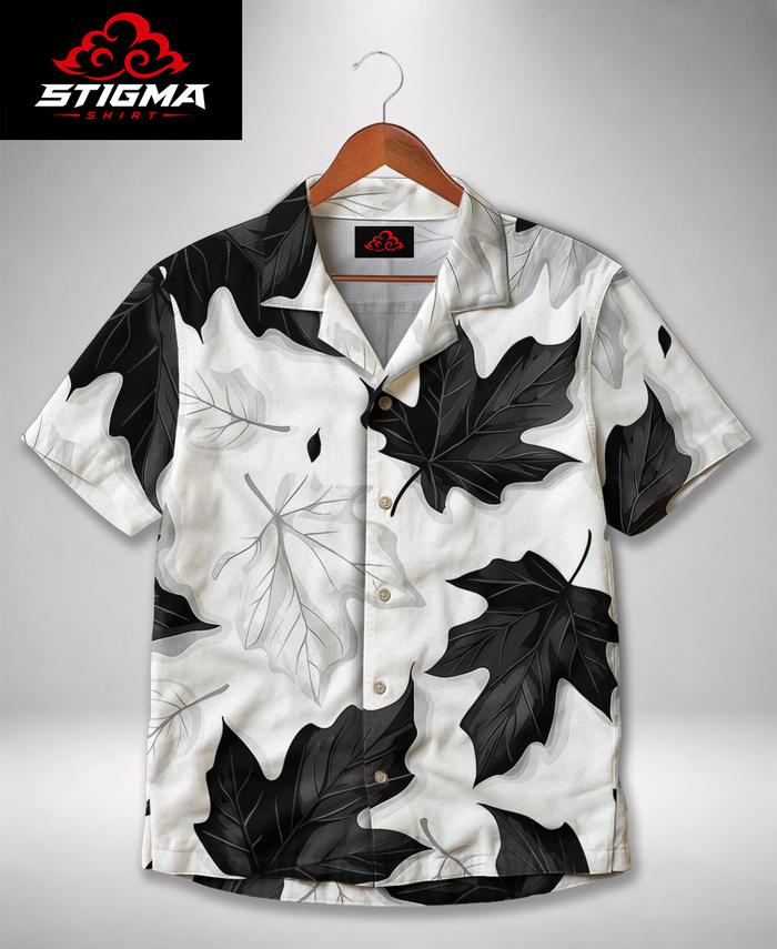 STIGMA - Kemeja Motif Daun Maple Hitam Putih Monokrom Pria Lengan Pendek Baju Casual Pantai Camp Col