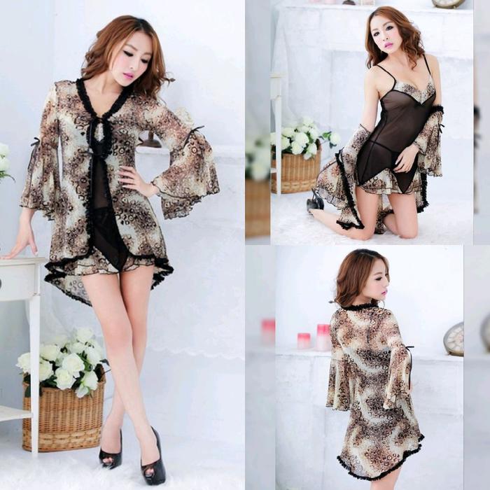 Sexy Lingerie Kimono Set Inner Outer Leopard Baju Tidur Wanita D0303LP