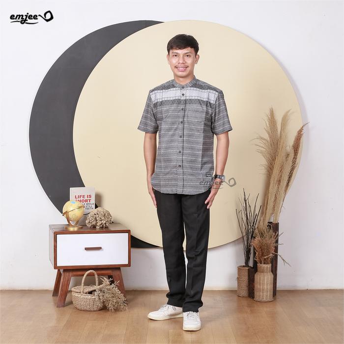 Emjee Baju Koko Muslim Lengan Pendek Pria Dewasa Songket Terbaru dengan Kerah Shanghai & Bahan Kapas