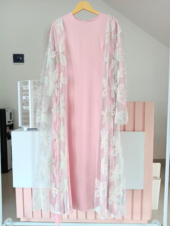 ABAYA || FLORAL KIMONO ABAYA SET PINK MEWAH OUTER AND CARDIGAN
