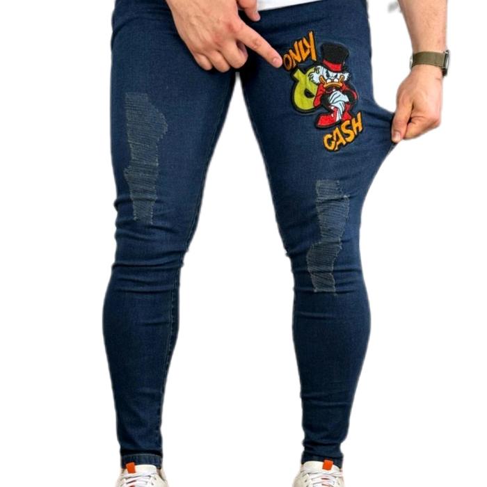 denim Celana Jeans Pria Pensil Navy Motif Digital Printing Panjang old