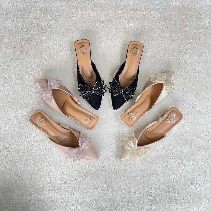 Promo Sepatu Wanita Mules ENZO Faduzzi Sandal Selop Pesta Nylon Polos Slip On Hak Rendah Shoes Senda