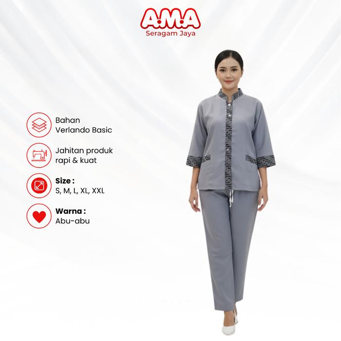 setelan seragam wanita abu-abu lengan pendek untuk resepsionis kantor dan klinik