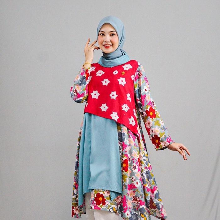 Tunik Wanita Jumputan Kombinasi Katun Rayon