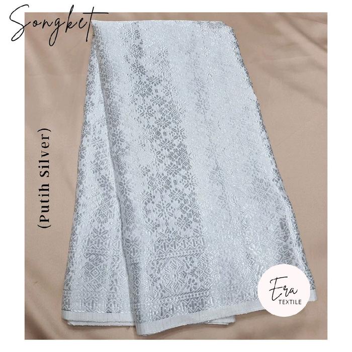 KAIN SONGKET PALEMBANG ( Bahan Songket Modern Warna Putih Silver ) - Kain Songket Meteran/ Kain Song