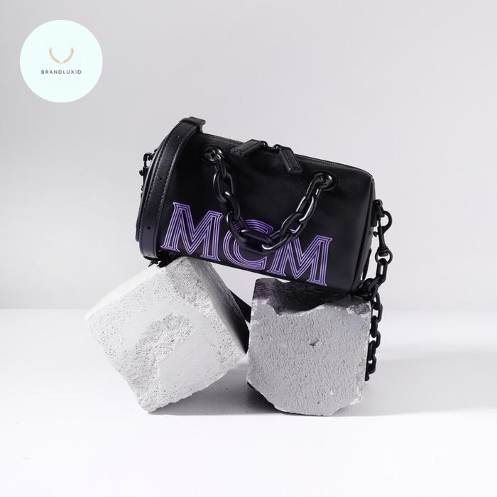 MCM MINI BOSTON CHAIN SHOULDER BAG WITH EMBOSSED LOGO BEETROOT PURPLE & BLACK