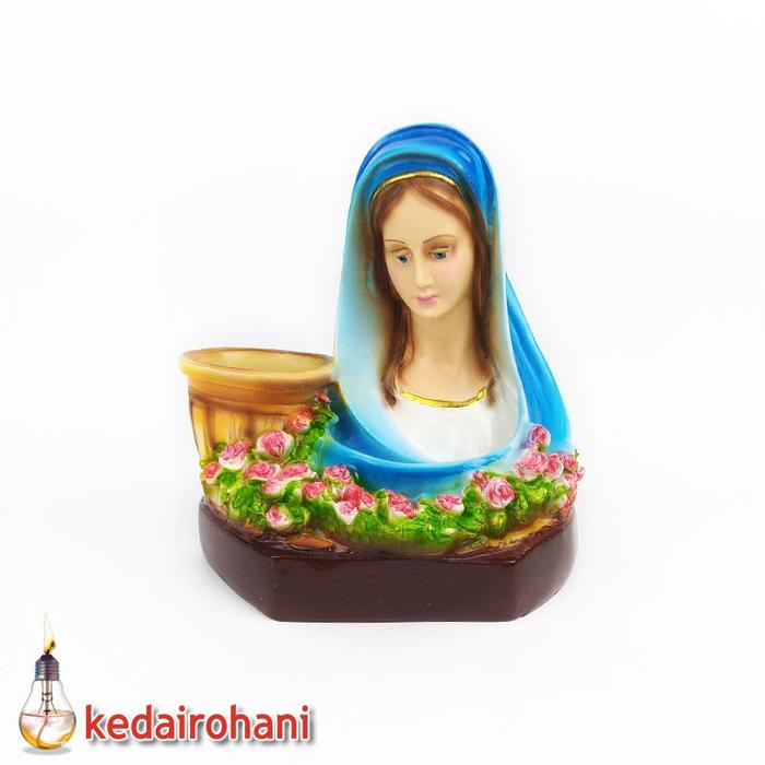 Patung Bunda Maria Hiasan Bunga Mawar Tempat Lilin dan Rosario Benda Rohani Besar