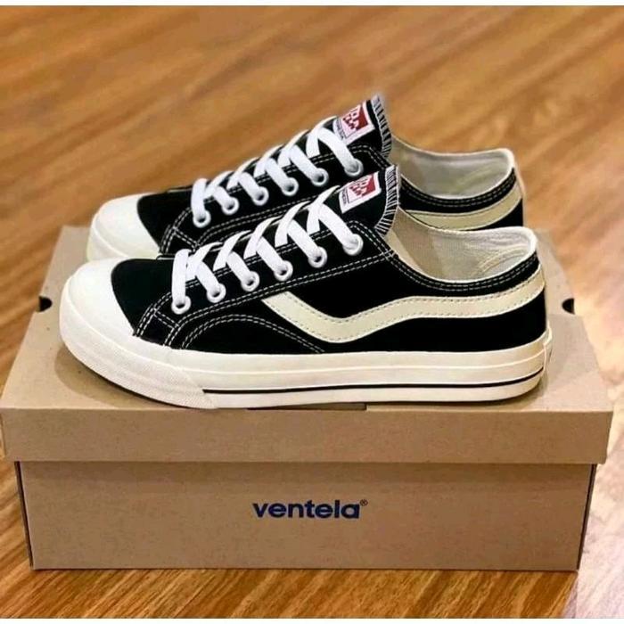 Ventela Public Low Bkack Sneaker Pria Hitam Putih Casual Shoes - Ventela Public, 36