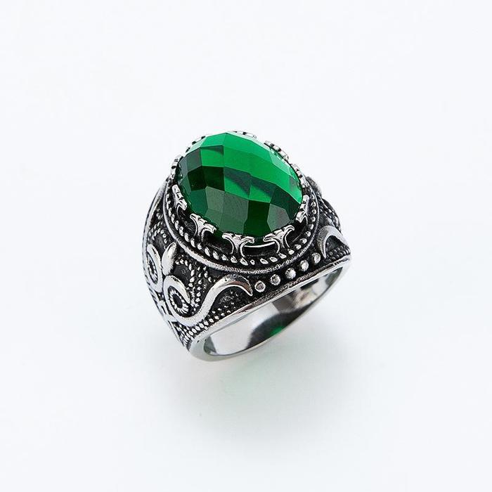 Cincin Totem Burung Hantu Hitam Perak Vintage Desain Daun Kristal Tiruan Hijau Punk Hip Hop Cincin A