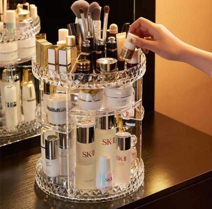 (PS) RAK KOSMETIK PUTAR ACRYLIC DIAMOND 3D - Rak Tempat Make Up Putar Acrylic / Rak Kosmetik tempat