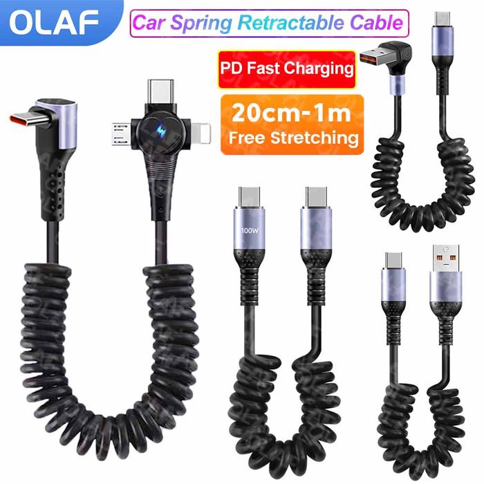 3 in 1 66W 6A Fast Charging USB Type C Cable 20cm to 1m 100W Type C to C Spring Short Cable For iPho