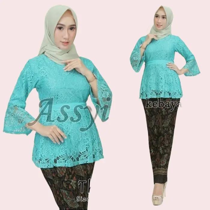 Setelan Kebaya Bahan Brukat Full Puring Tosca dan Rok Batik Wanita Bahan Semi Sutra Silky