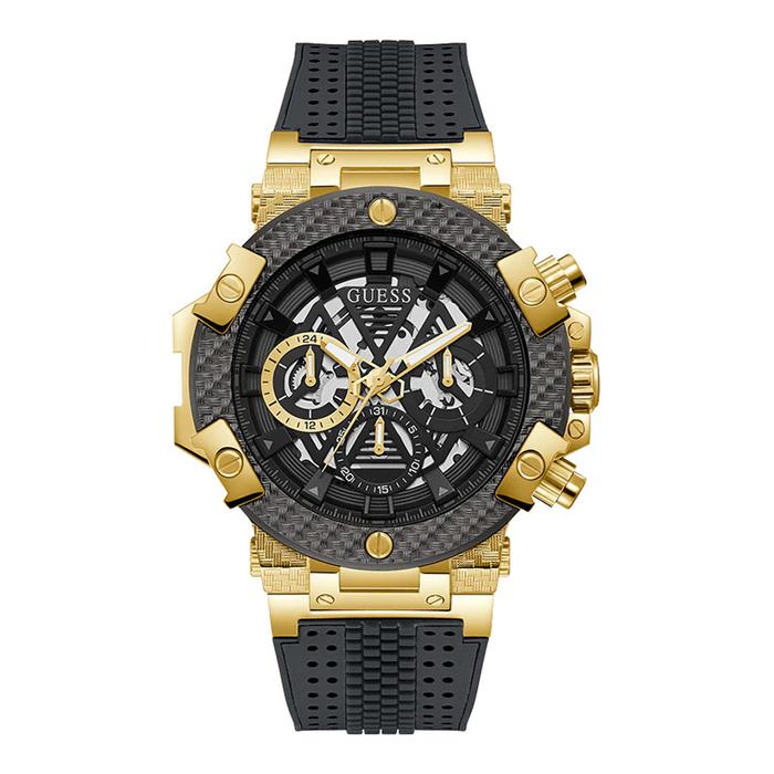 Jam Tangan Pria Guess GW0486G2 Men Semi Skeleton Dial Black Silicone Strap