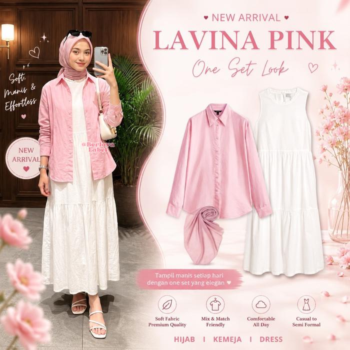 Lavina Pink One Set 3in1 Atasan Kemeja Polos Katun Adem Inner Dress Susun Putih Hijab Segiempat Pink