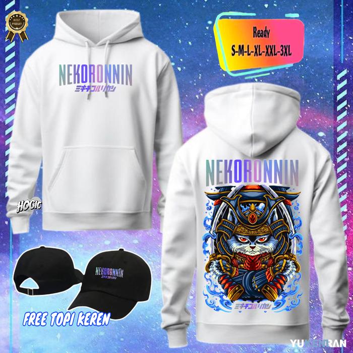 HOODIE JUMPER PRIA WANITA UNISEX NEKORONIN V2 CAT DESIGN FULL COLOR JAPANESE CASUAL FREE TOPI KEREN 