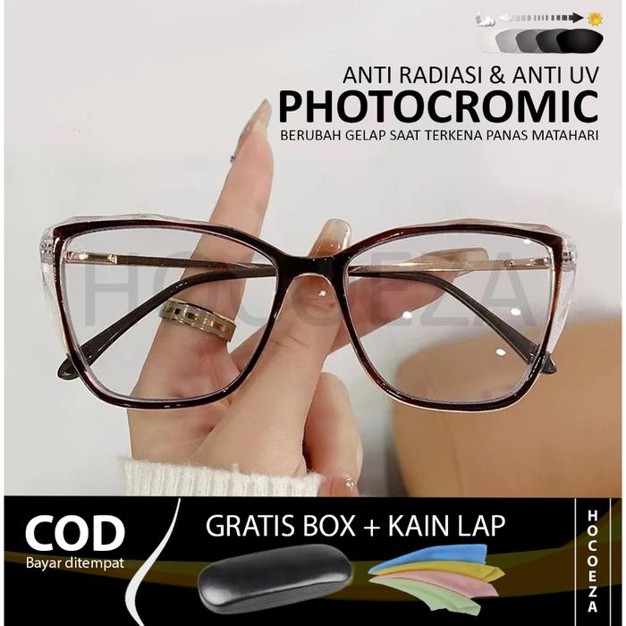 Kacamata Fashion Photocromic Lensa Normal Anti Radiasi Anti UV Frame Semi Cat Eye Kekinian Fashionab
