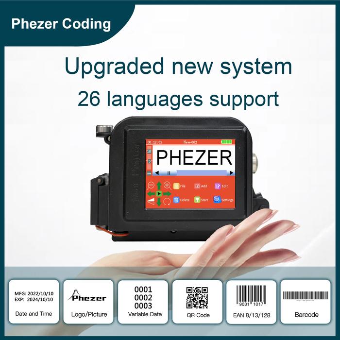 Phezer PC11Plus Handheld Inkjet Printer Portable 12.7mm 600dpi QR Code Batch Date Printer