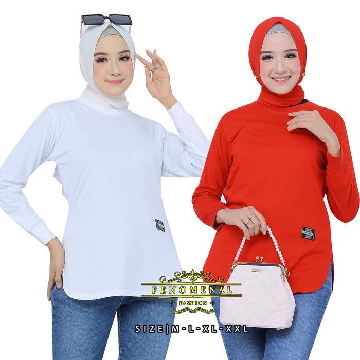 [ Fenomenal ] Atasan Kaos Wanita Dewasa Lengan Panjang Nyaman Semi Tunik Bawahan Oval Fit Polos Real