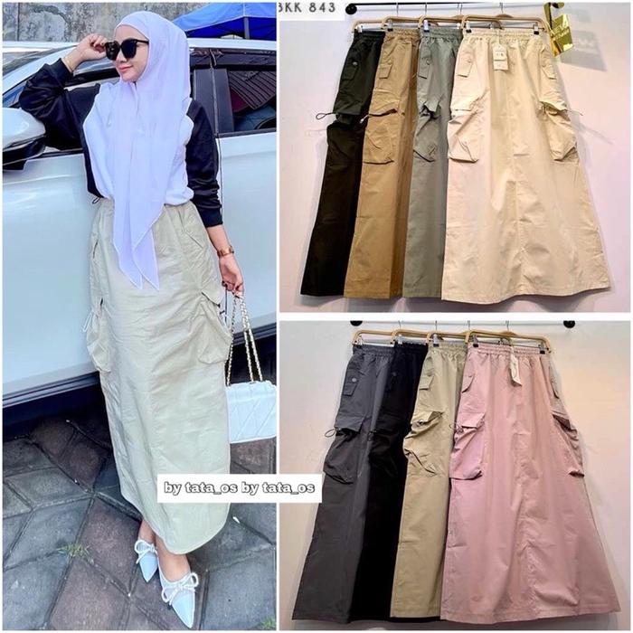 BANGKOK BY A&K BRAND MJS INARA HIJAB ROK CARGO LONG SKIRT PANJANG SAKU POCKET TAG LABEL COTTON LINEN