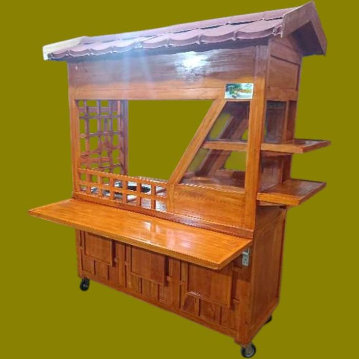 GEROBAK SOTO MODEL BOOTH DAN LAMPU roda troli kayu mahoni siap jualan