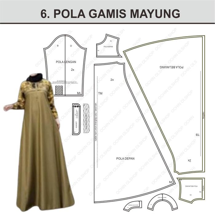 Pola Gamis Wanita Model Mayung XS-4XL - Cetak Kertas Marker/ Plotter & HVS A0 Siap Jahit