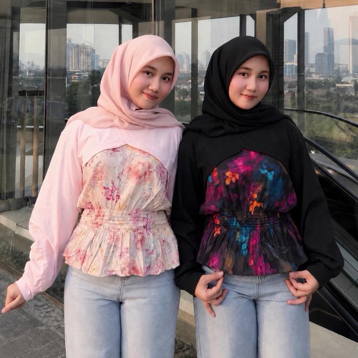 Rolv - rosela Blouse atasan wanita smoked kombinasi rayon mix cotton lengan panjang