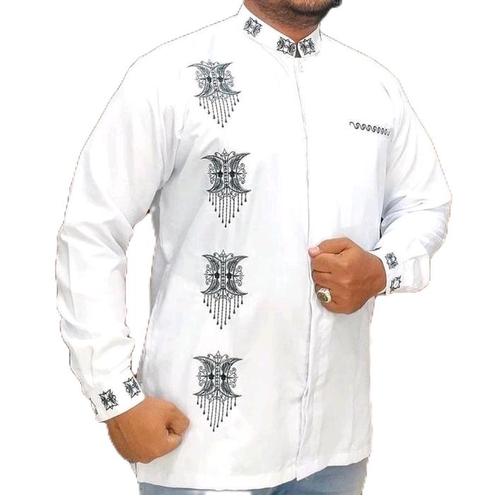 Baju Koko Muslim Motif Bordir Pintu Aceh - Pria Dewasa Putih Katun Atasan Kurta Setelan Remaja Toyob