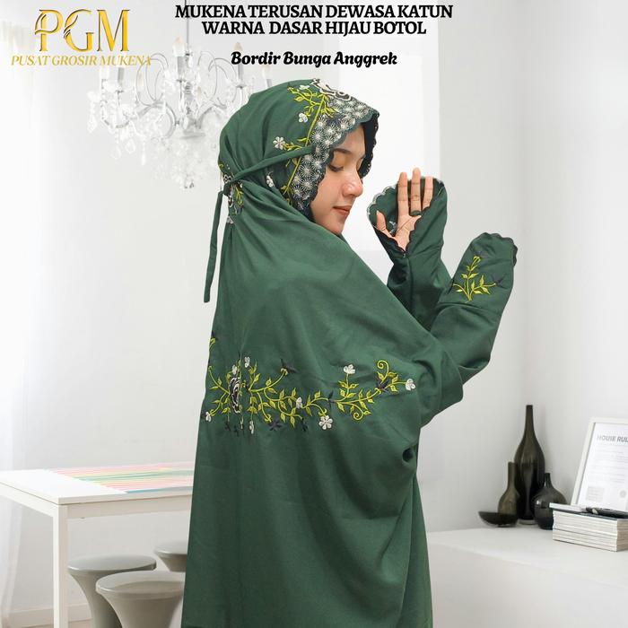 Mukena Terusan Dewasa Katun Mikro Kain Dasar Warna Hijau Botol Motif Bordir Bunga Anggrek Cantik