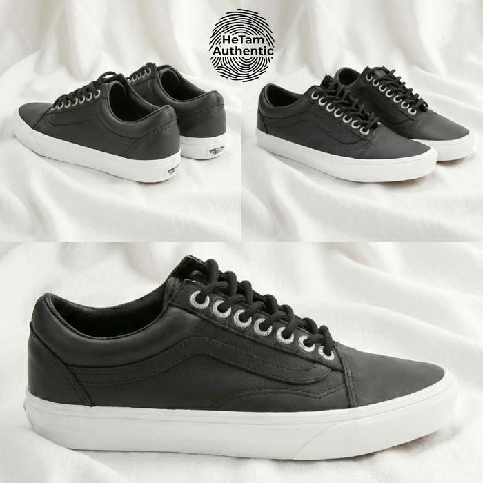 VANS Old Skool Black White Leather Kulit Original Hitam Putih
