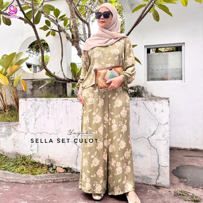 Sella Set Kulot Oneset Rayon Motif Premium Lengan Panjang Celana Panjang Hightwaist Kekinian Fashion