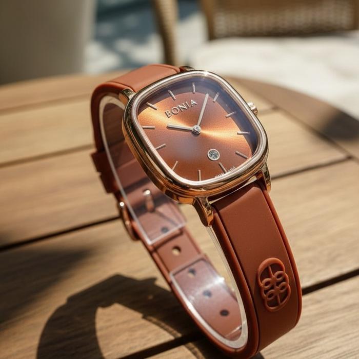Bonia BNB10839-2542 Women’s Watch 28.5mm x 37mm Brown Silicone Strap Date Display Hardlex Crystal Qu