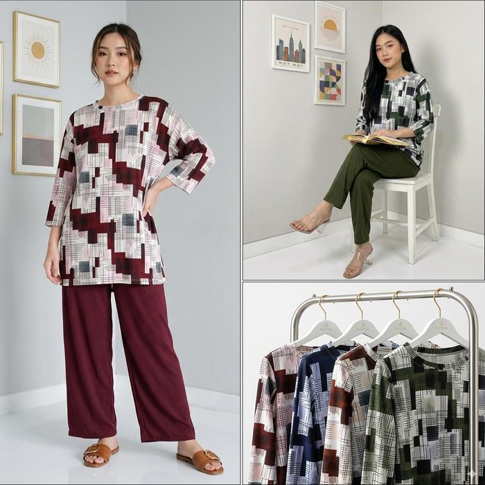AF - One Set Tunik Wanita Kekinian Motif Abstract Voxy Premium / Setelan Baju Panjang Celana Kulot C