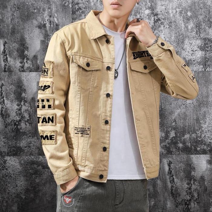 JAKET JEANS DENIM COWOK BORDIR CREAM TERBARU