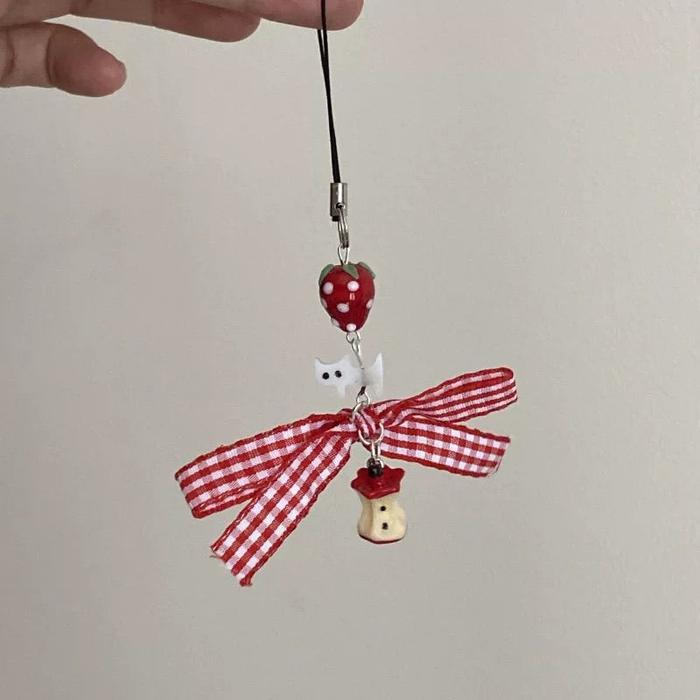 Y2K Phone Charm Pendant Keychain For iPhone For Bag CCD Strawberry Bow Charm Cat Girl Phone Strap La