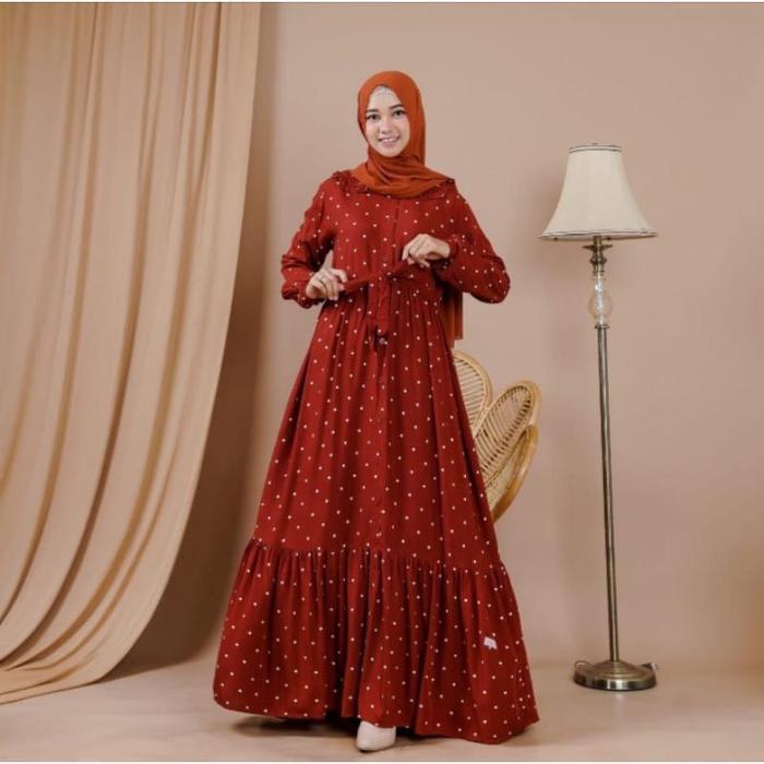 dress folia gamis polka viral homey dres gamis susun Motif Muslim Panjang Polkadot Rayon Rempel Wani