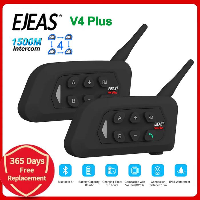 EJEAS V4 Plus Motorcycle Helmet Intercom Headset Bluetooth 1500M