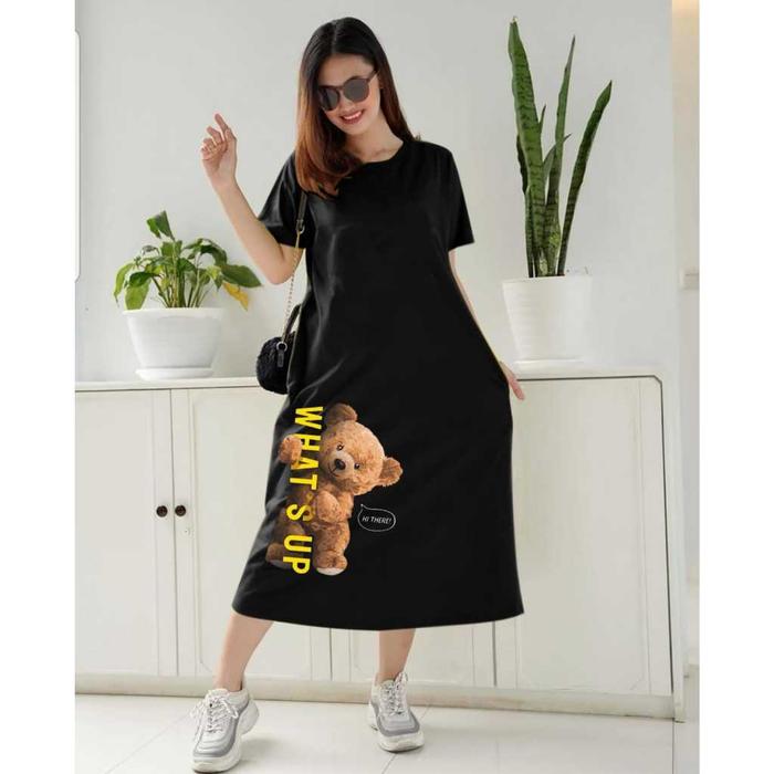 Dress Wanita Gambar Bear WhatsUp / Dress Wanita Lengan Pendek Saku Kanan Kiri